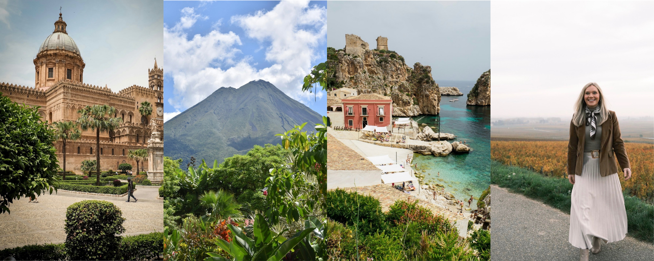 A collage of three vacation photos: a historic European cathedral with palm trees, a mountain scene with lush greenery, coastal buildings with cliffs and turquoise water, and a smiling woman in a field with a cloudy sky.