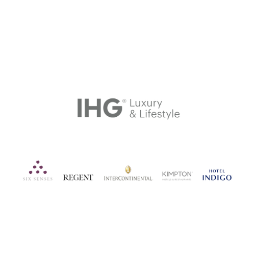Black background with the IHG logo and text 'Luxury & Lifestyle'. Below are logos of other hotel brands, including Avid Hotels, Candlewood Suites, Holiday Inn Express, and InterContinental Indigos.