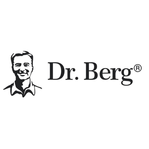 Black background with a grayscale illustration of a smiling man, and the text 'Dr. Berg' beside it.