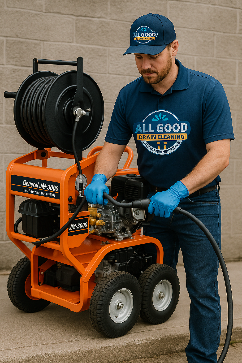 Man in blue uniform and gloves operating orange drain cleaning machine against beige brick wall.