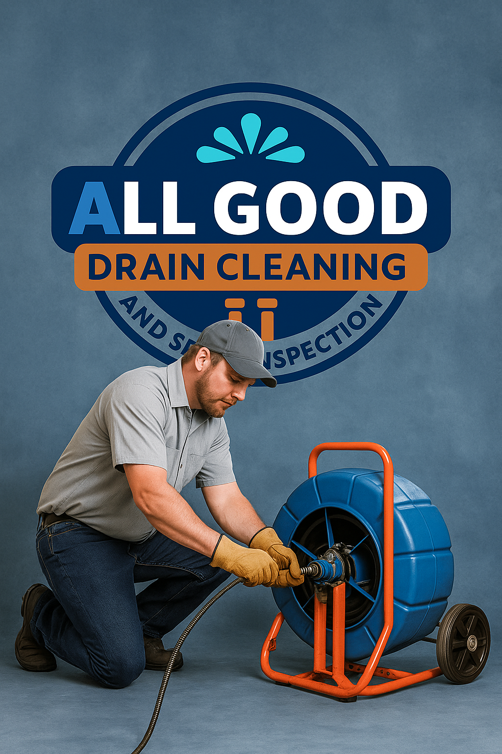 A technician kneels on the floor, inspecting a large blue drain cleaning machine with orange handles, against a dark gray background with a sign that reads 'All Good Drain Cleaning and Inspection.'