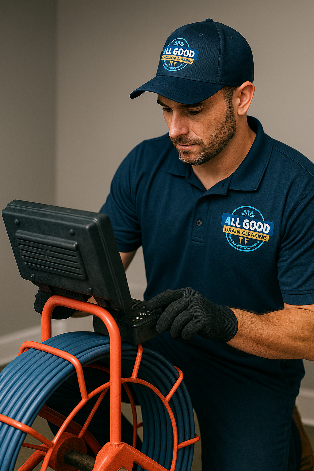 A man in a navy blue uniform and cap labeled "ALL GOOD URBAN-CLEANING" operating a digital device while handling a large blue hose reel with an orange frame.