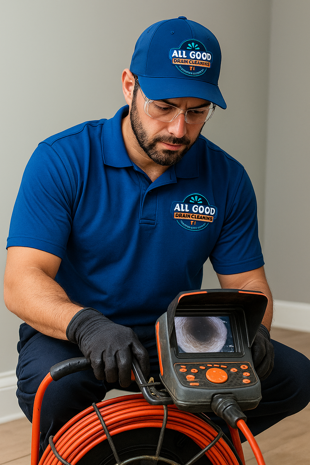 A man wearing a blue uniform and cap with the logo 'All Good Drain Cleaners' working with a drain inspection camera.