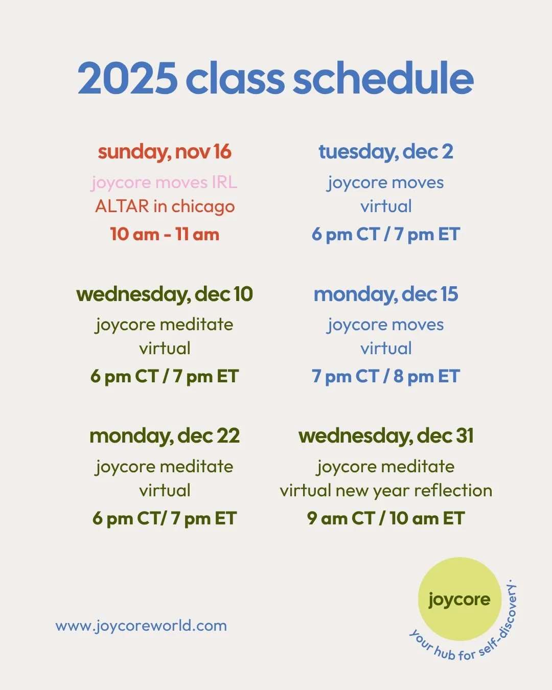 joycore classes are officially open for the rest of 2025! join me in December for joycore moves + joycore meditate &mdash; practices designed to help you listen deeper, soften your edges, and return to yourself

✨ first 2 classes for $20 ✨

see you i