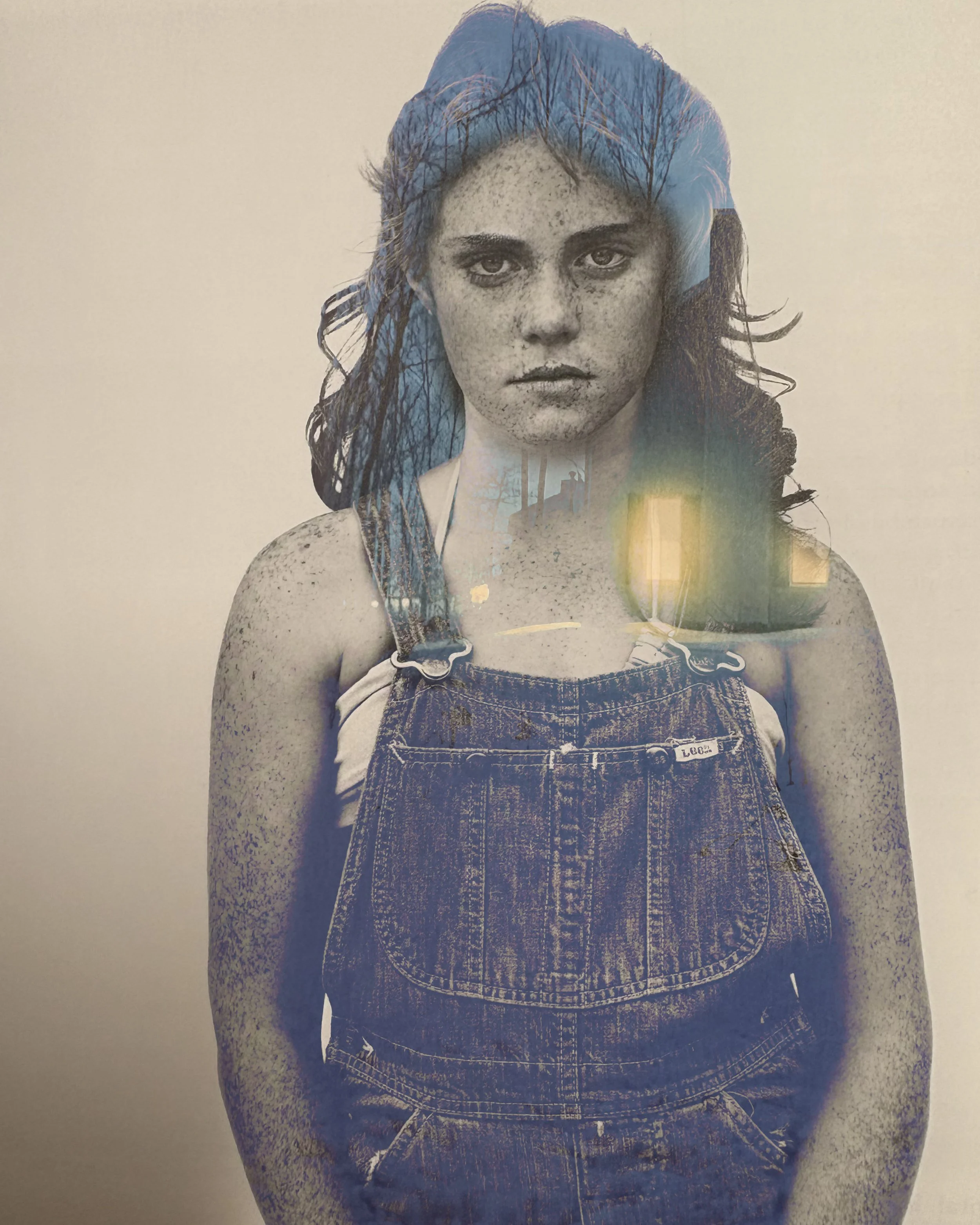 A landscape cabin in the woods shot by another photographer is super imposed with a portrait by Richard Avedon.