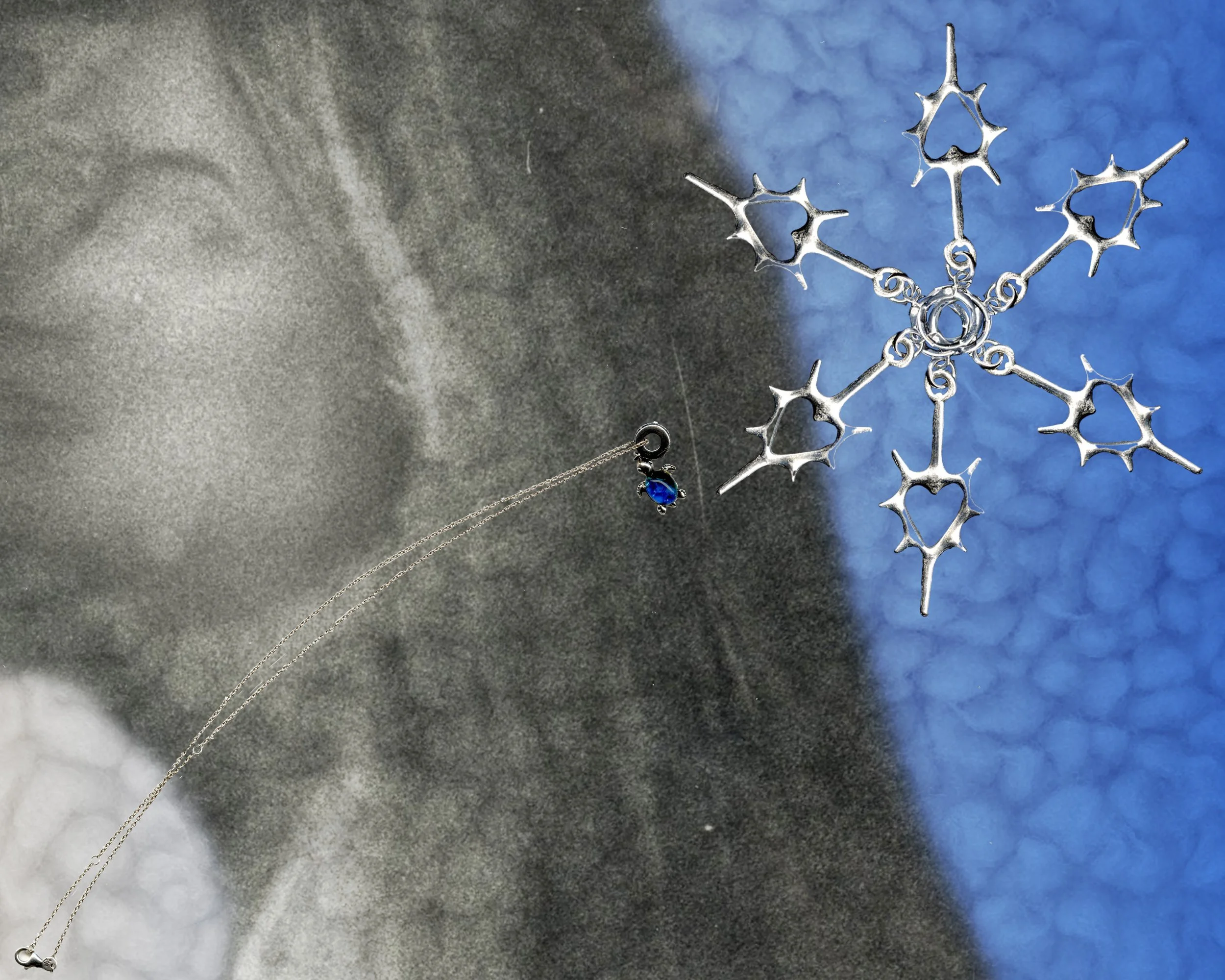 A digital collage created by scanning images, textures, and jewelry. 