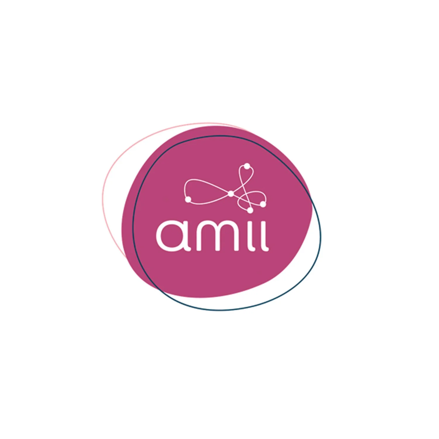 Logo with the word 'ami' inside a pink circle, surrounded by abstract line design with small circles and a heart shape.