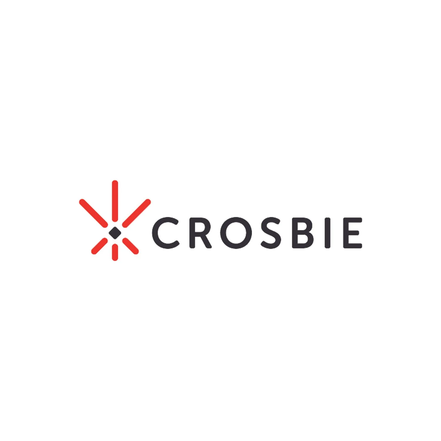 Crosbie logo with stylized red and black emblem and black text on white background.