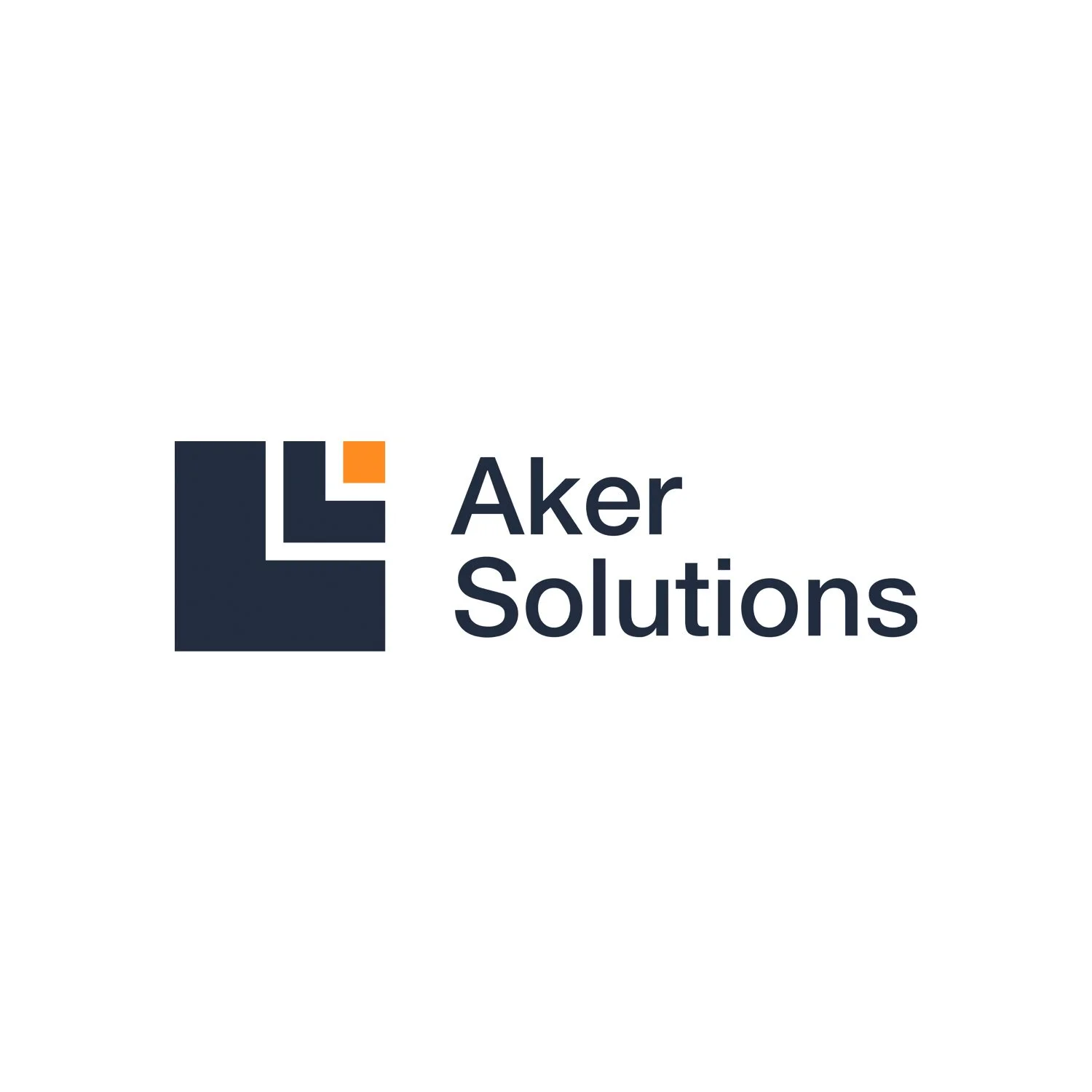 Aker Solutions logo featuring a navy square with a smaller orange square and white lines, accompanied by the text "Aker Solutions" in navy next to it.