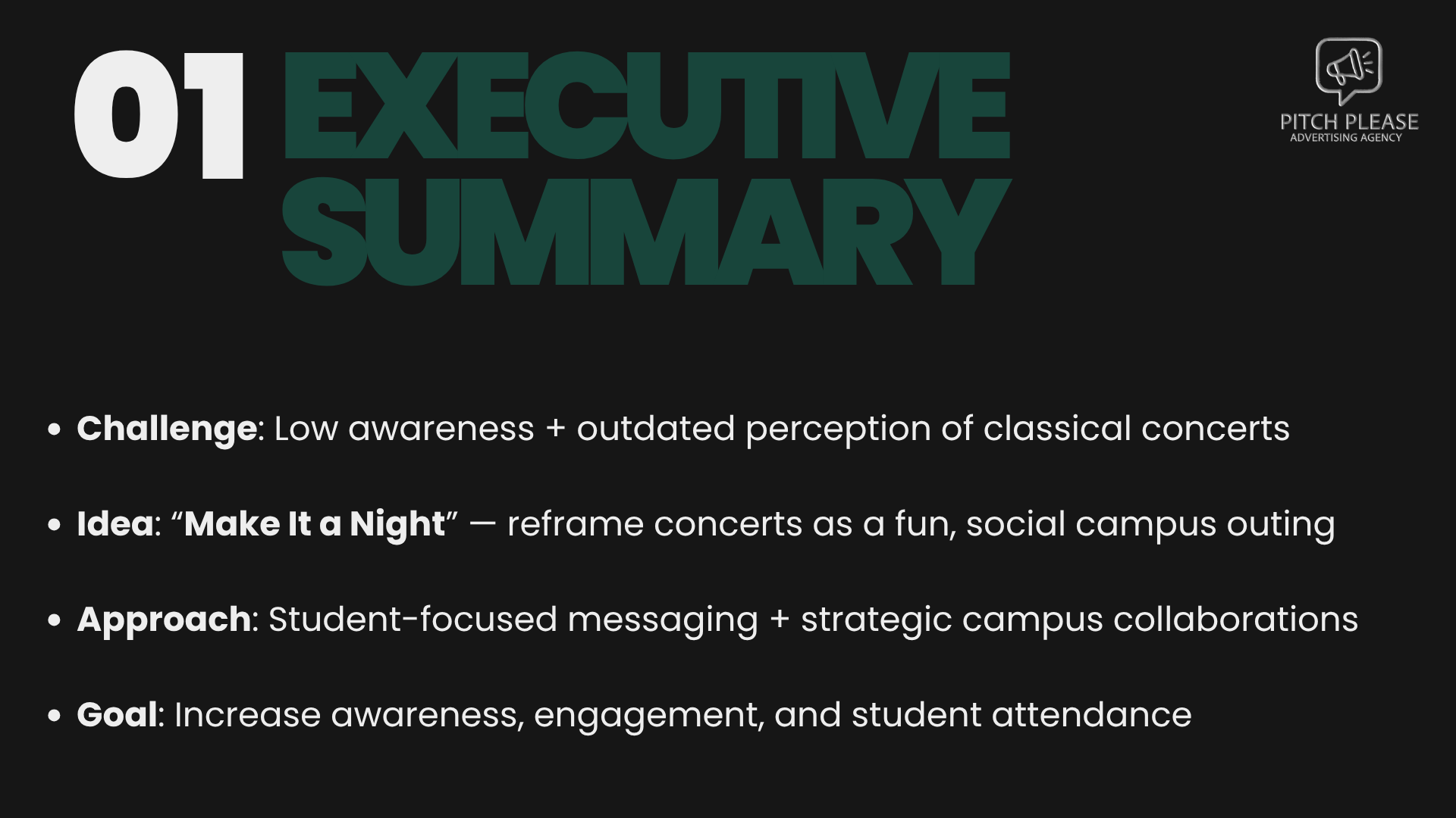 Slide titled '01 Executive Summary' with key points about a campaign for classical concerts, including challenge, idea, approach, and goal, with a logo for Pitch Please Advertising Agency in the top right corner.