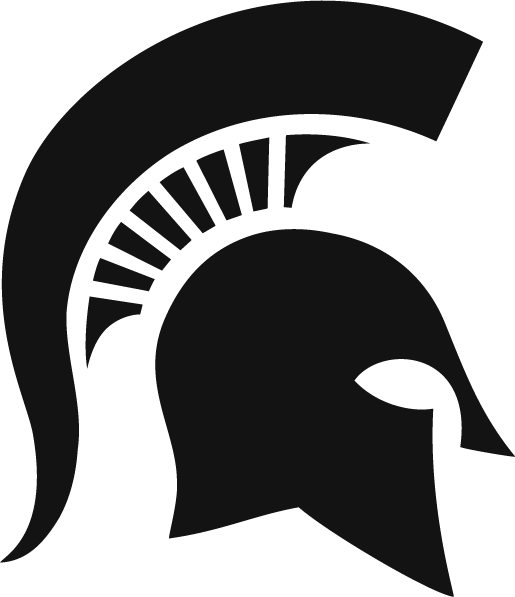 Silhouette of a Spartan helmet in black on a dark background.