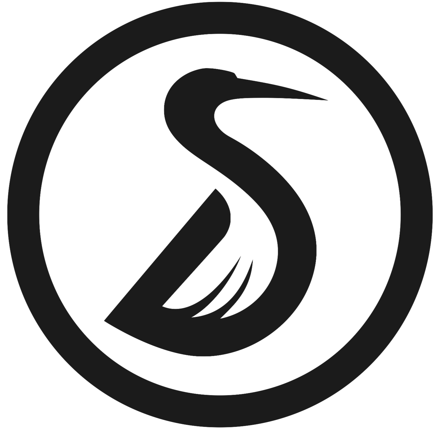 Black and white logo of a heron or crane within a circle.