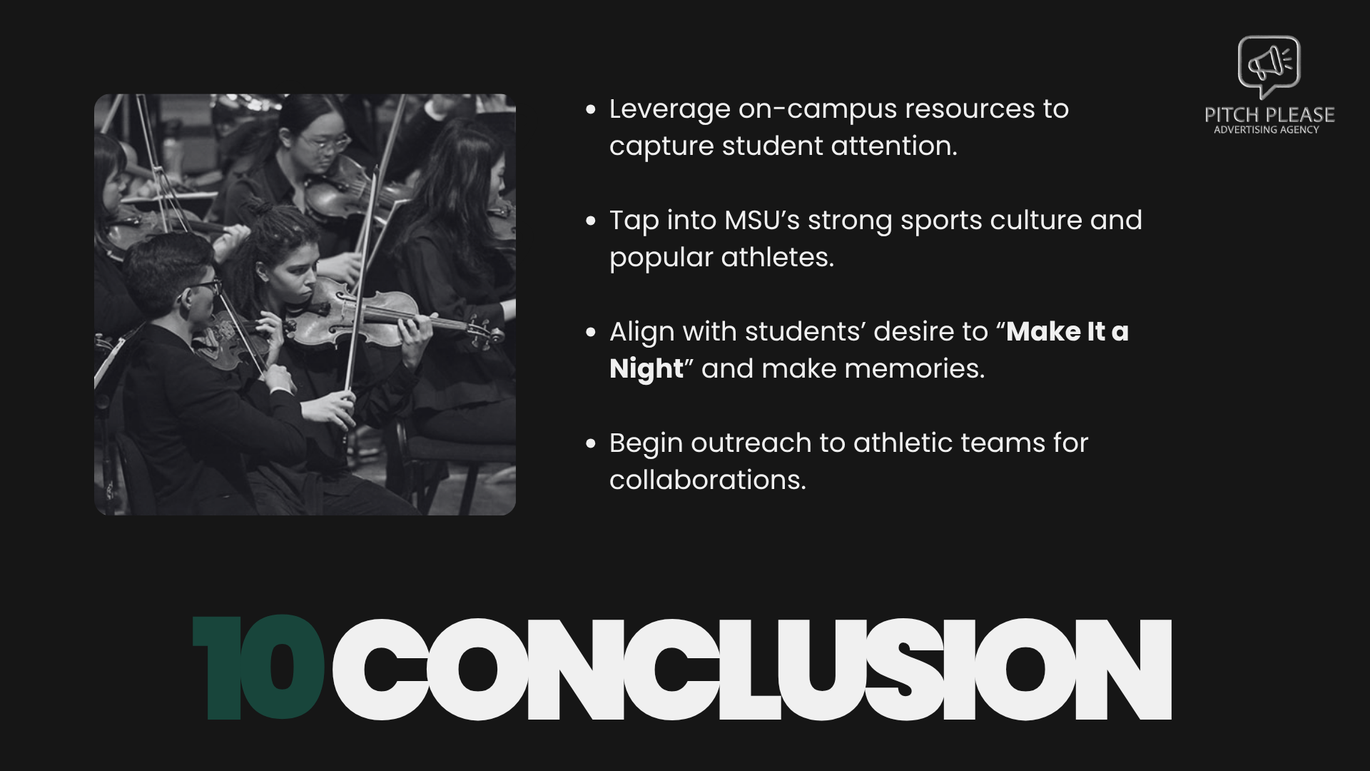 Black and white photo of students playing violins at a school event.