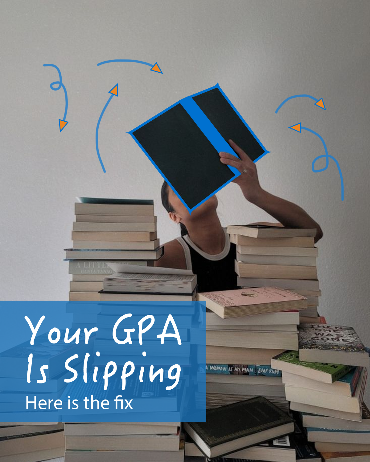 A person sitting at a table with stacks of books, holding a blackboard with a blue stripe over their face, with animated blue lines and orange arrows around their head.