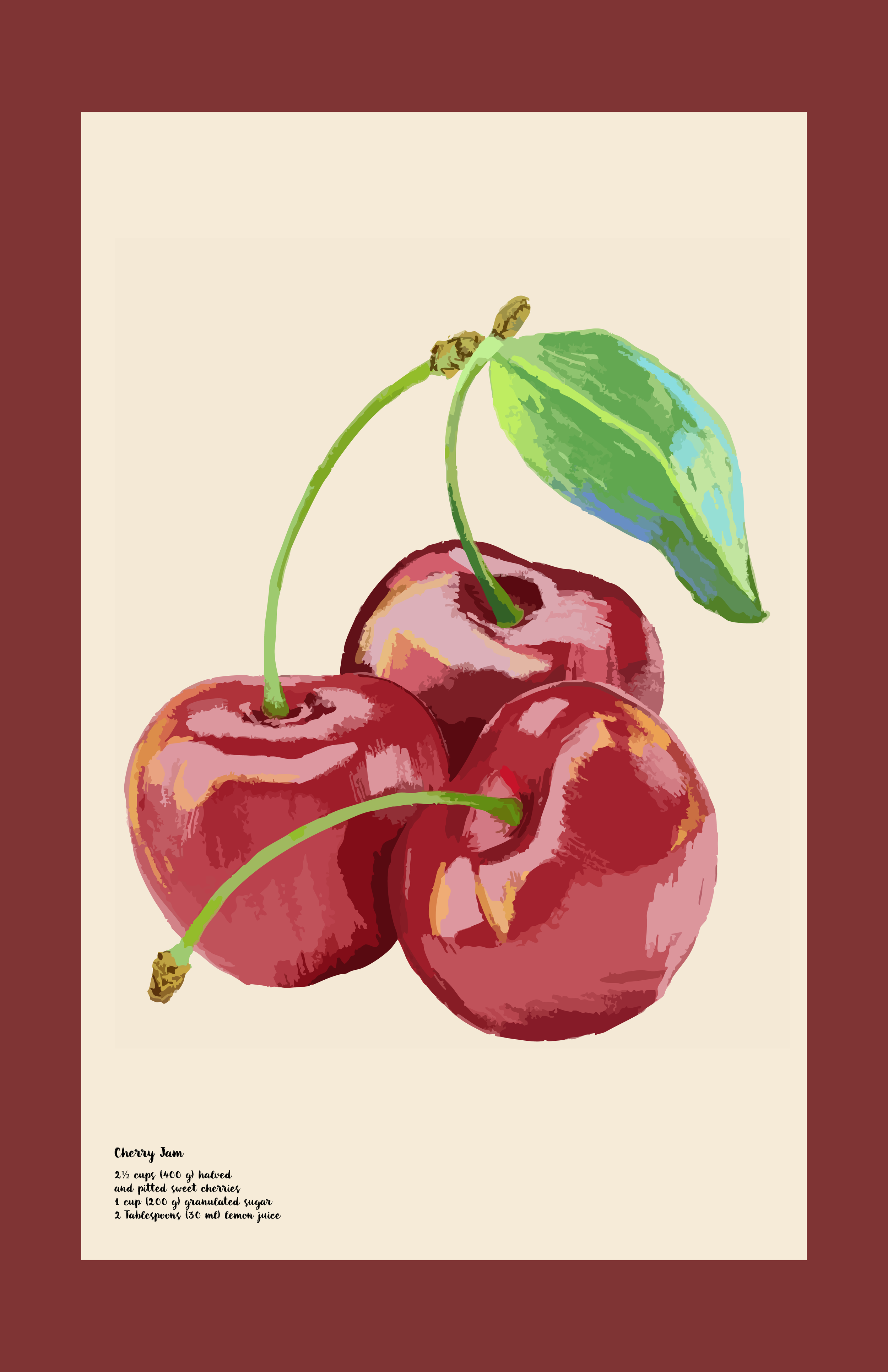 Illustration of three cherries with green stems and a green leaf, with a recipe for cherry jam written in the bottom left corner.