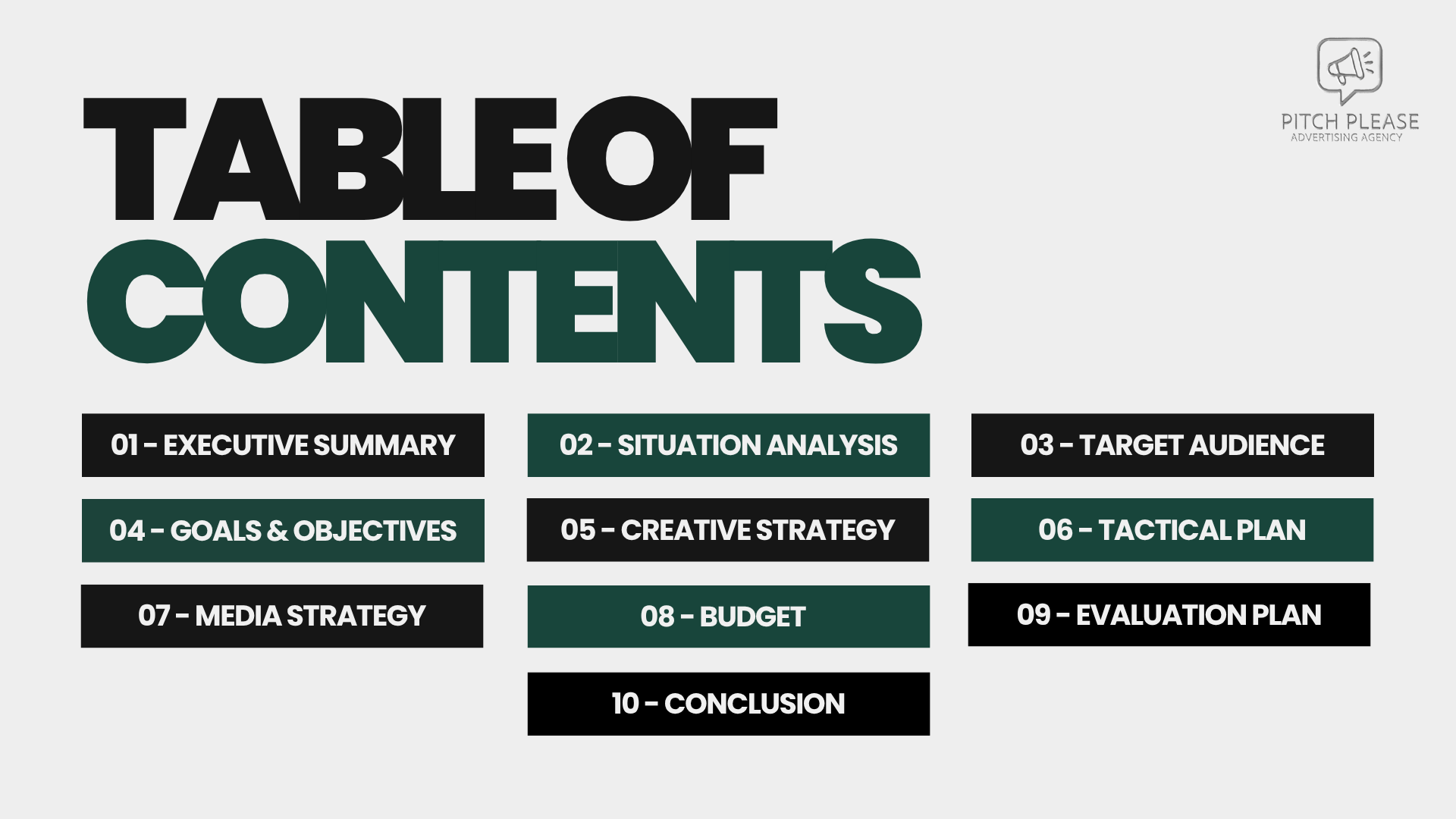 Table of contents for a presentation with sections including executive summary, situation analysis, target audience, goals and objectives, creative strategy, tactical plan, media strategy, budget, evaluation plan, and conclusion. The title is in bold