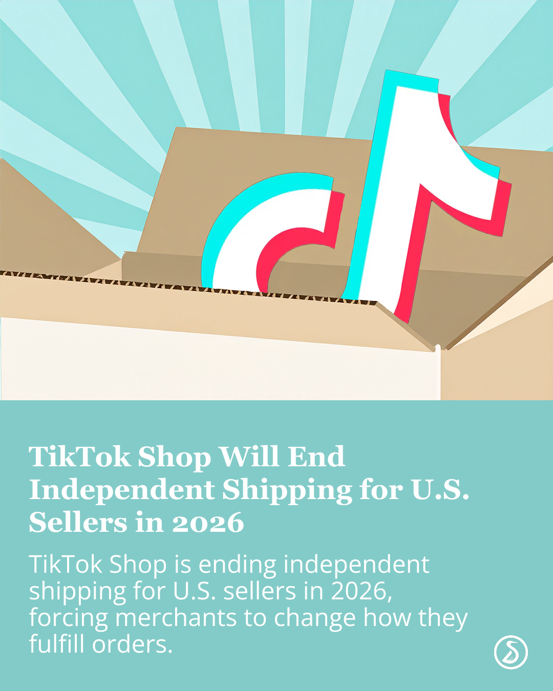 A cardboard box open at the top containing a large TikTok logo, with a background featuring rays of light.