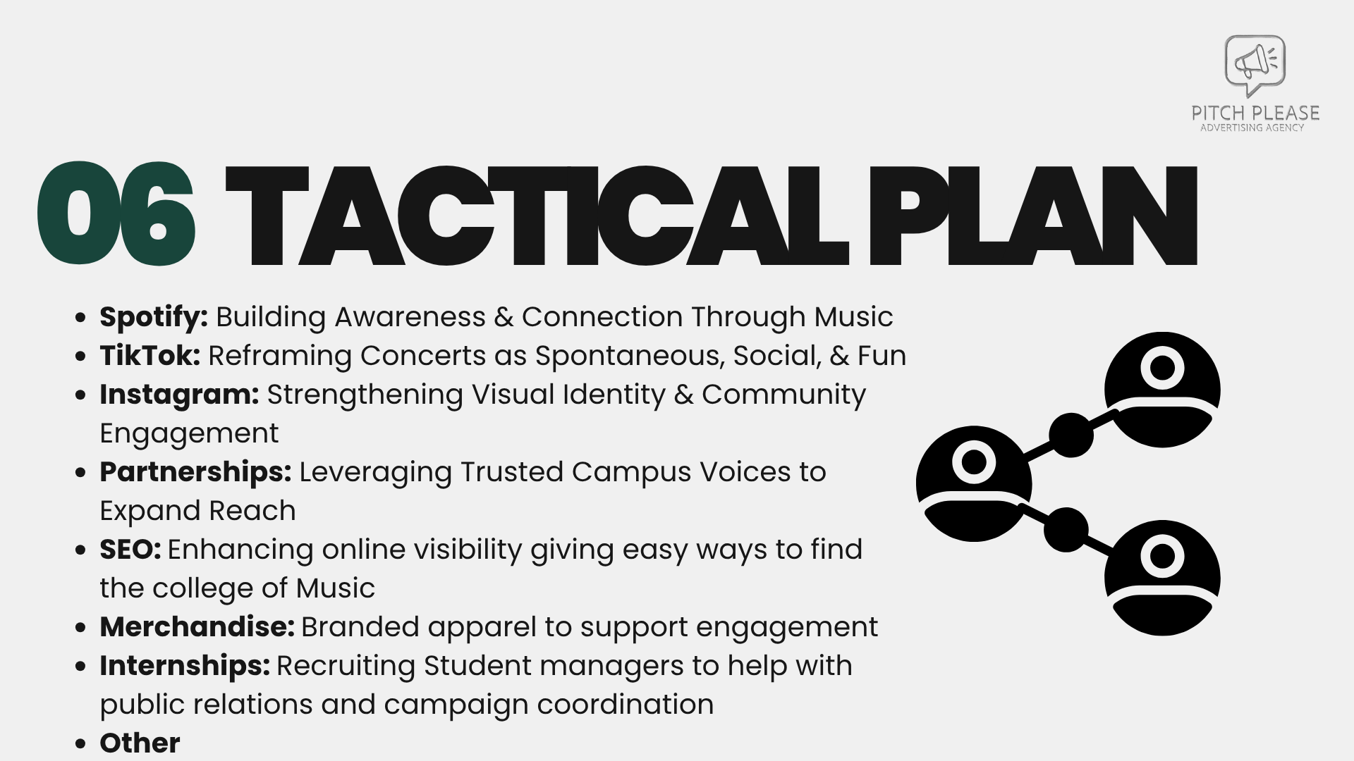 A presentation slide titled '06 Tactical Plan' with a list of strategies for college music outreach, including Spotify, TikTok, Instagram, partnerships, SEO, merchandise, internships, and other. There is a graphic of connected circles representing pe