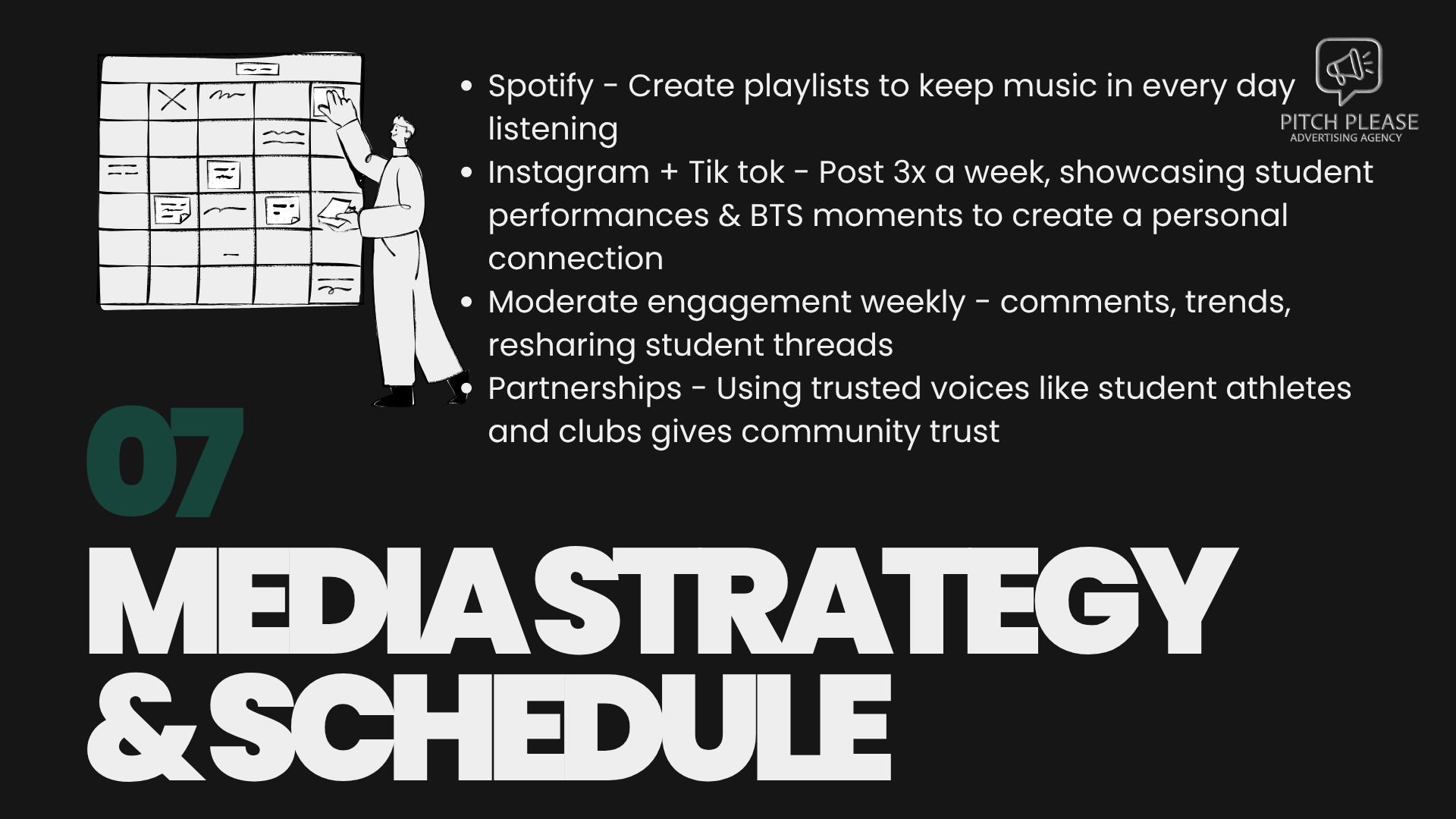 A presentation slide titled 'Media Strategy & Schedule' featuring a black background, large white text, and a numbered section '07'. The slide lists strategies including creating playlists on Spotify, posting student performances on Instagram and Tik