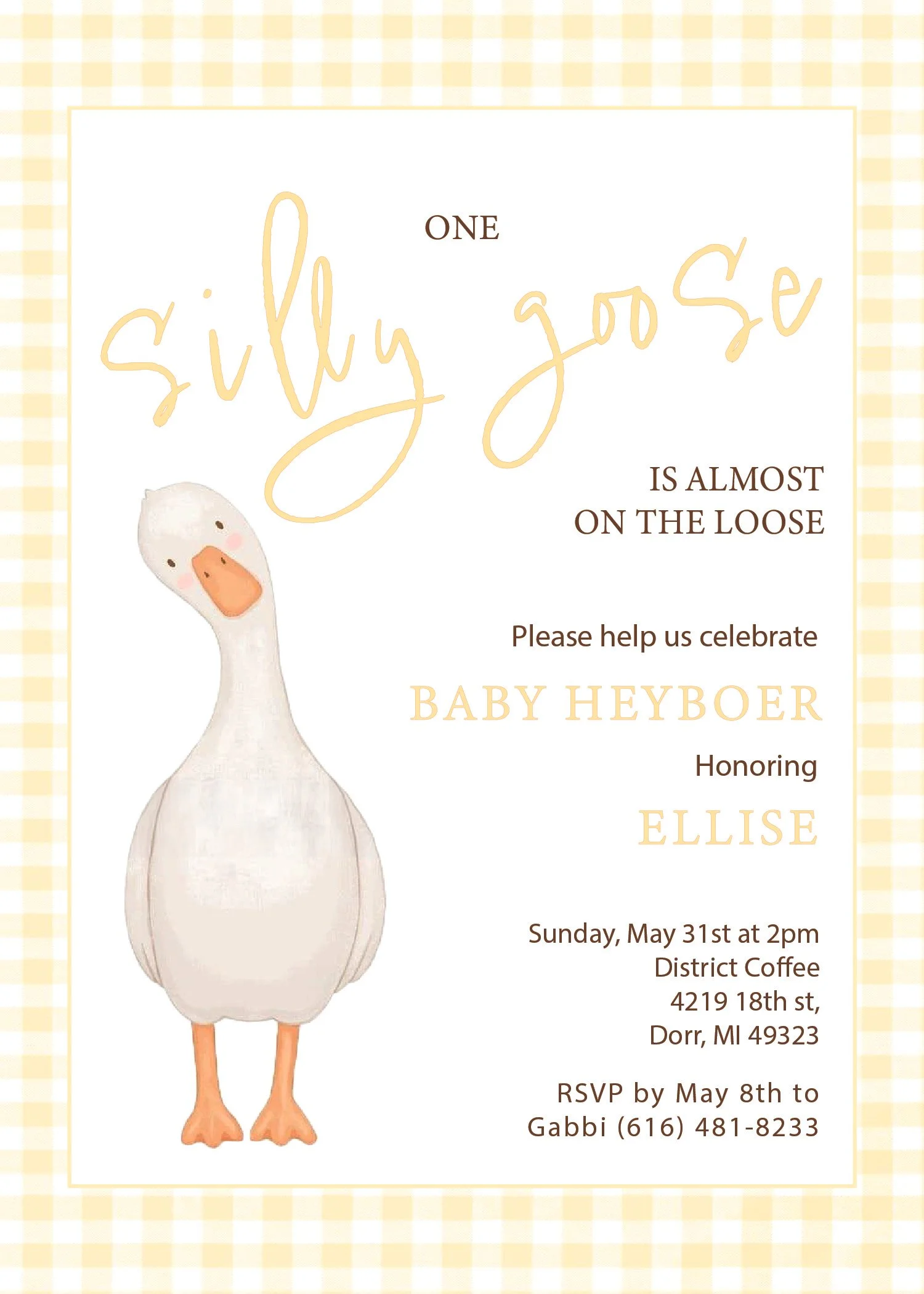 Invitation with a cute watercolor illustration of a baby duck on the left side. The text announces a celebration for a baby girl named Ellie Heyboer on Sunday, May 31st at 2pm at District Coffee in Dorr, Michigan, with RSVP details.