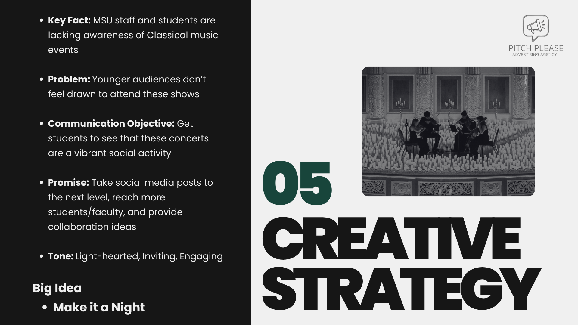 A presentation slide with black and white text and an image. The slide discusses key points about MSU's classical music events, highlighting a lack of awareness among students and staff, and proposing a social media strategy. The slide features a pho