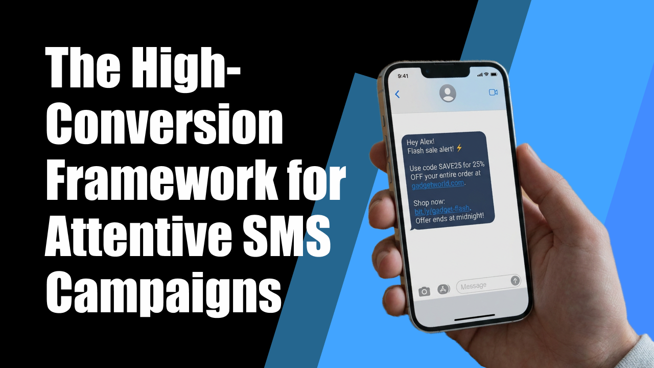 A person holding a smartphone displaying a promotional SMS message about a flash sale and discount code, with a black and blue graphic background and bold text on the left side.