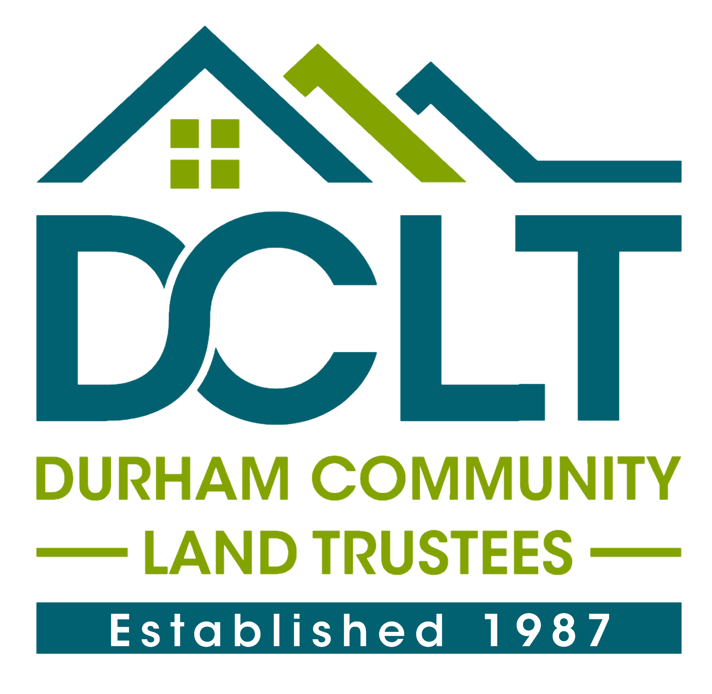 Logo for Durham Community Land Trustees established in 1987, featuring stylized mountains and vibrant text.