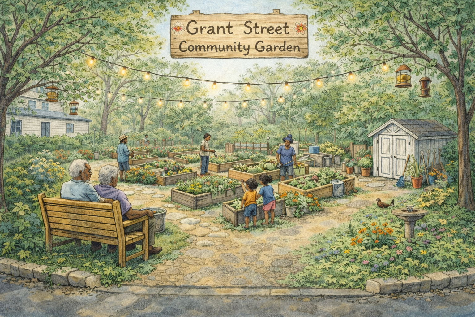 Illustration of Grant Street Community Garden with people working in raised beds, two elderly women sitting on a bench, and a child and adult conversing near plants. String lights and birdhouses are overhead, trees surround the garden, and a small shed is to the right.