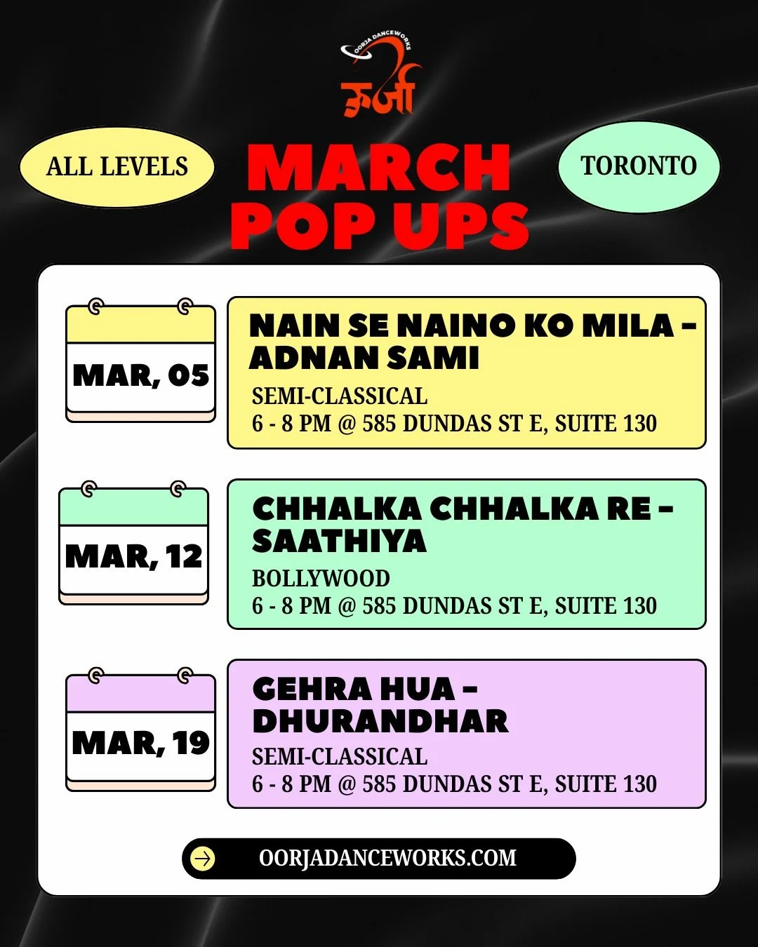 March just got filmy ✨
From soulful semi-classical to high-energy Bollywood, our March Pop Ups are here in Toronto! 💃🏽
✨ All levels welcome
📍 585 Dundas St E
🎶 Nain Se Naino Ko Mila | Chhalka Chhalka Re | Gehra Hua
See you on the dance floor 💫


