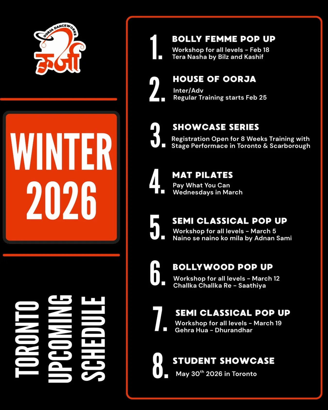 2026 = LOADED 💥
Pop-ups. Training. Showcases. Pilates. STAGE MOMENTS.
Whether you&rsquo;re here to learn, level up, or perform - Oorja is the place to be this season.
Toronto, let&rsquo;s move 🔥

#torontodancescene #bollywooddancetoronto #dancepopu