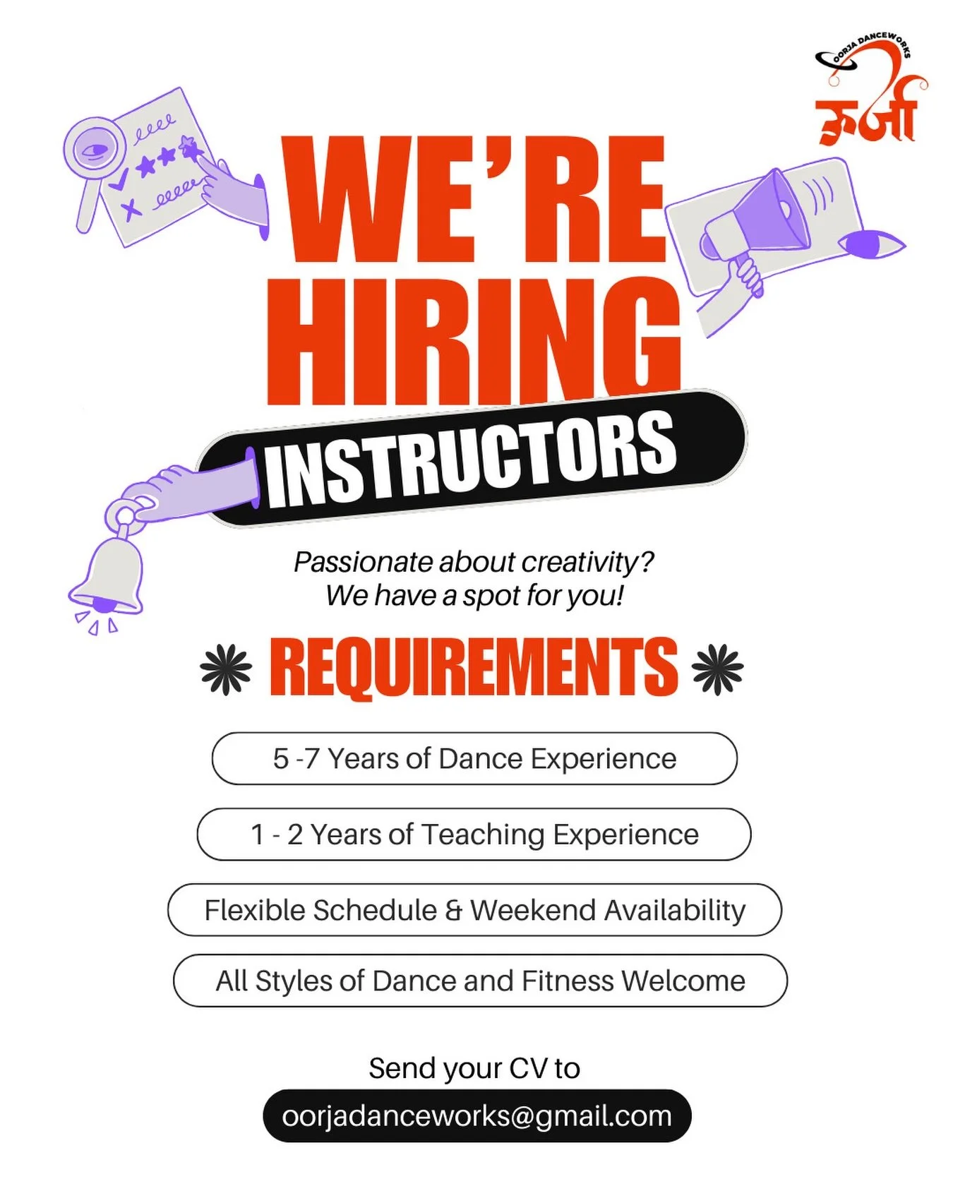 Oorja Danceworks is expanding and we are looking for inspiring instructors to join our community.

If you love teaching, movement, and connecting with students through dance or fitness, this could be your space.

All styles welcome.
Send your CV to o