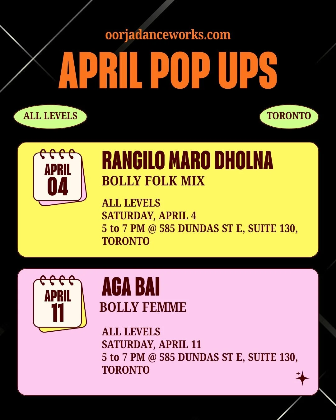 Oorja April Pop-Ups are here! ✨ 

Ready to move, express, and dance with us? 💃🏽 
Our 2-hour workshops are open to all levels, so whether you&rsquo;re a beginner or experienced, come join the vibe. 

April Line-Up: 
🌼 Folk Mix - Rangilo Maro Dholna