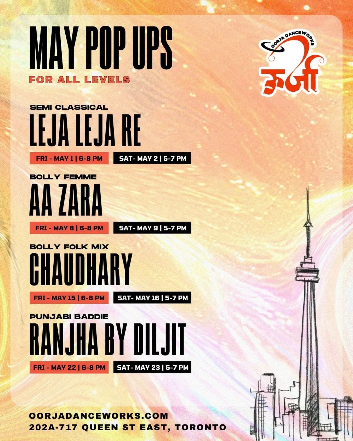 May is about to hit different. 🔥
Four pop-ups. Four vibes. One brand new home for South Asian dance in Toronto. 

🌊 Leja Leja Re - Semi Classical | May 1 &amp; 2
💃 Aa Zara - Bolly Femme | May 8 &amp; 9
🌾 Chaudhary - Bolly Folk Mix | May 15 &amp; 