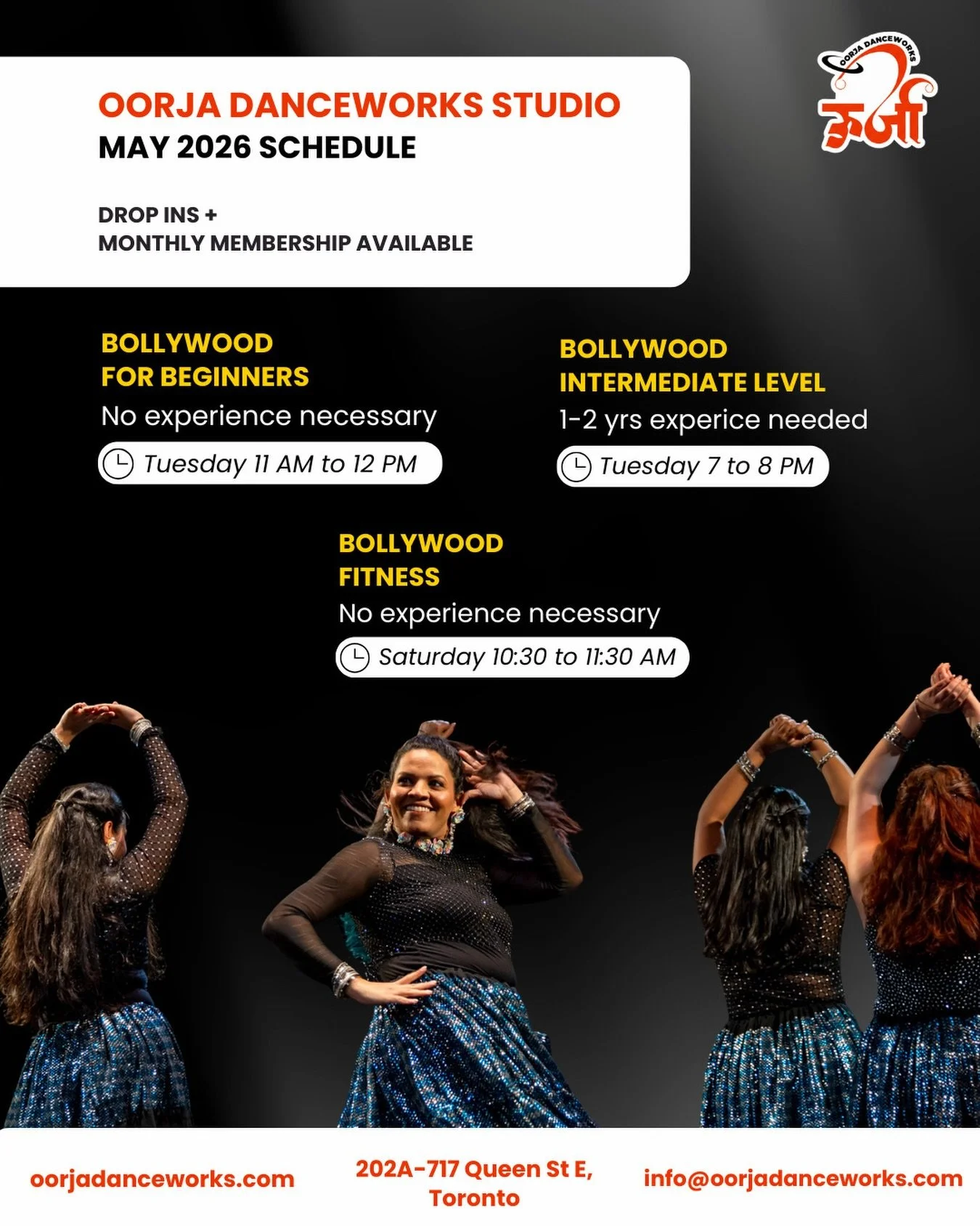 Your weekly dose of Bollywood starts now. 💛

Our May schedule is here and there&rsquo;s a class for every level, every vibe:

🎬 Bollywood for Beginners: No experience needed | Tuesdays 11 AM&ndash;12 PM by @shruteebox 
💫 Bollywood Intermediate: Le