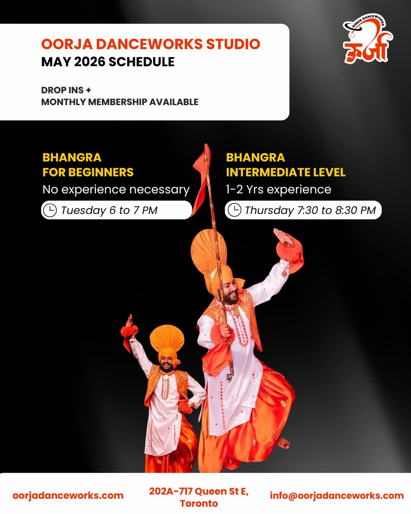 Bhangra isn&rsquo;t just a dance. It&rsquo;s a feeling🔥
And this May, you can feel it every week at Oorja Danceworks Studio.

🥁 Bhangra for Beginners: No experience needed | Tuesdays 6&ndash;7 PM by @sukhii0013 
💪 Bhangra Intermediate: 1-2 yrs exp