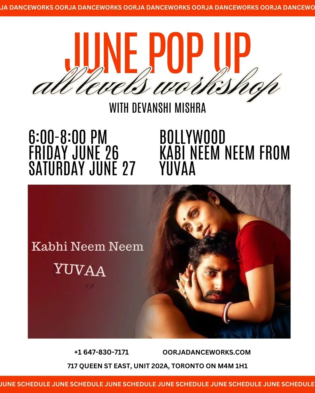 🌹 Lose yourself in the music! Join us for our June Pop Up: All Levels Workshop with the amazing @devanxiii ! Learn the iconic Bollywood choreography of Kabhi Neem Neem from Yuvaa
 
📅 Friday June 26 &amp; Saturday June 27
🕕 6:00&ndash;8:00 PM
📍 71