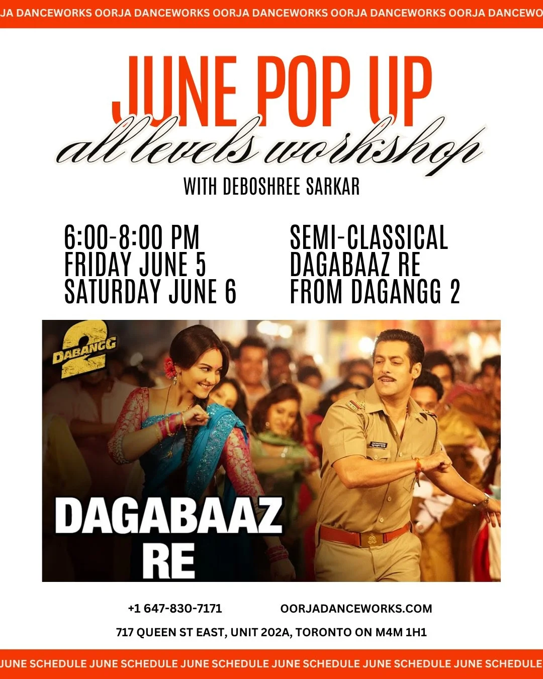 ✨ Move like never before! Join us for our June Pop Up: All Levels Workshop with the incredible Deboshree Sarkar (@dancewithdebo ) Learn the semi-classical choreography of Dagabaaz Re from Dabangg 2

📅 Friday June 5 &amp; Saturday June 6
🕕 6:00&ndas