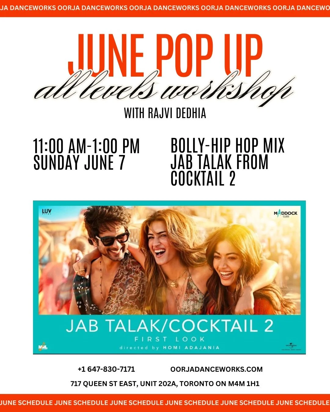 ✨ Get ready to vibe! Join us for our June Pop Up: All Levels Workshop with the amazing @rajvidance ! Learn the Bolly-Hip Hop mix choreography of Jab Talak from Cocktail 2 

📅 Sunday June 7
🕕 11:00 AM&ndash;1:00 PM
📍 717 Queen St East, Unit 202A, T
