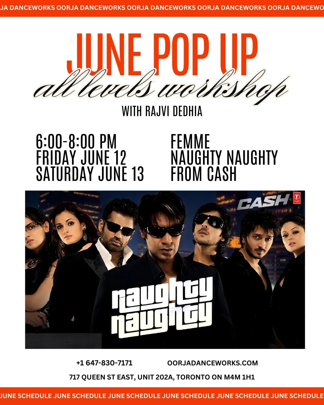 💃 Feel the femme energy! Join us for our June Pop Up: All Levels Workshop with the incredible @rajvidance ! Learn the fierce Femme choreography of Naughty Naughty from the movie Cash 

📅 Friday June 12 &amp; Saturday June 13
🕕 6:00&ndash;8:00 PM
?