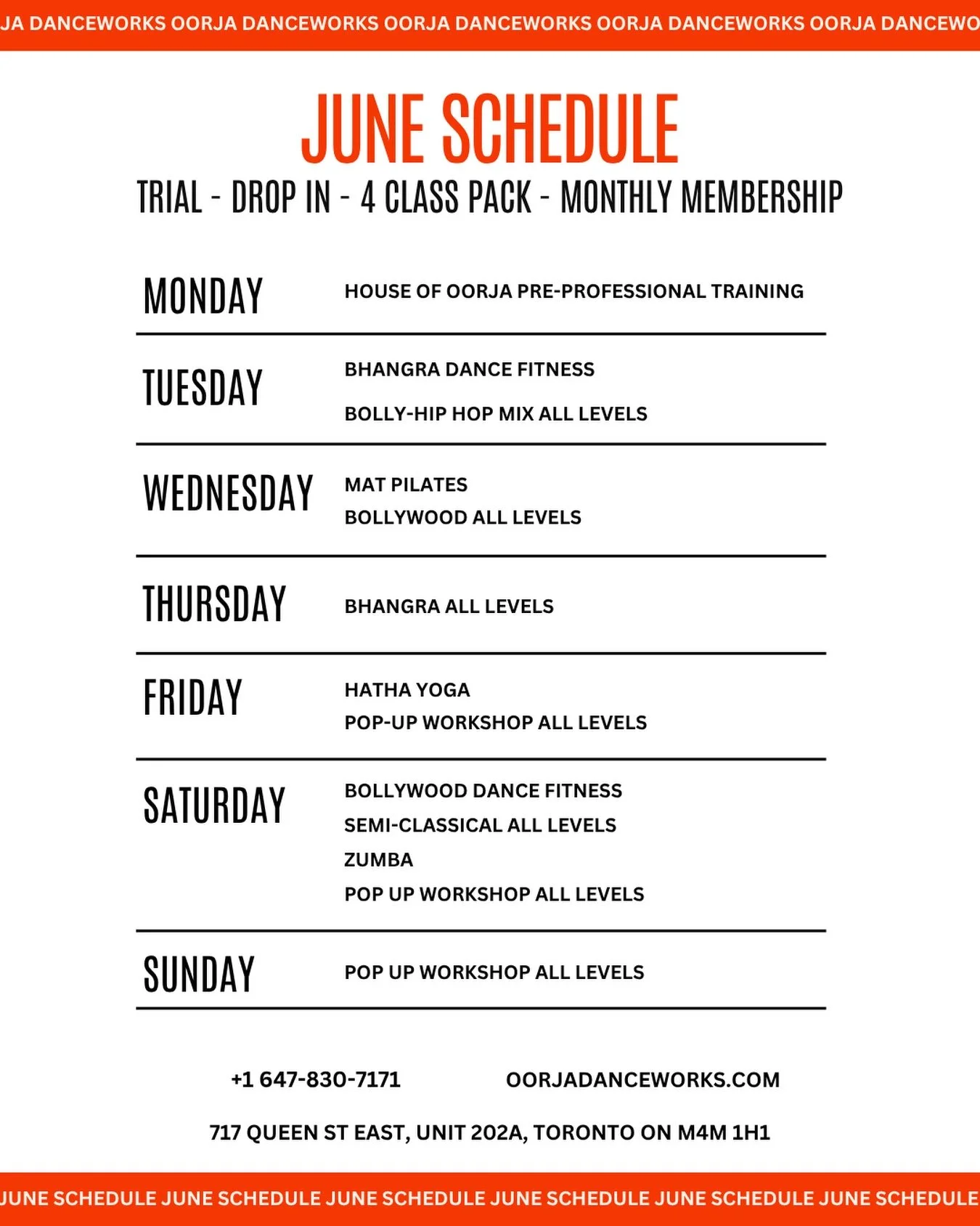June is PACKED and we are ready for you! From Bhangra to Bollywood, Mat Pilates to Hatha Yoga - there is something for everyone at Oorja Danceworks this June 🧡 Trial, Drop In, 4 Class Pack &amp; Monthly Membership available!

📍 717 Queen St East, U