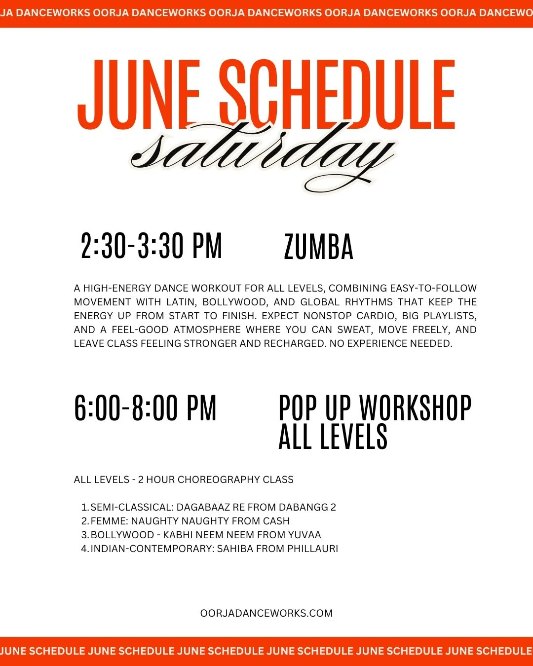 Saturdays just got a whole new level of fun! Dance your afternoon away with Zumba then stay for the epic Pop Up Workshop featuring 4 incredible styles 🔥

🕑 2:30&ndash;3:30 PM Zumba with @devanxiii 
🕕 6:00&ndash;8:00 PM Pop Up Workshop All Levels (