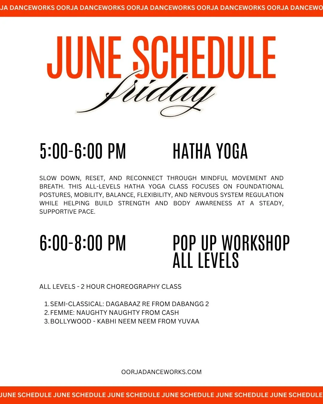 🧘 The perfect Friday combo! Reset with Hatha Yoga with @devanxiii then turn it UP with our Pop Up Workshop: Semi-Classical with @dancewithdebo , Femme with @rajvidance &amp; Bollywood with @devanxiii one each week (kindly look at the workshop schedu