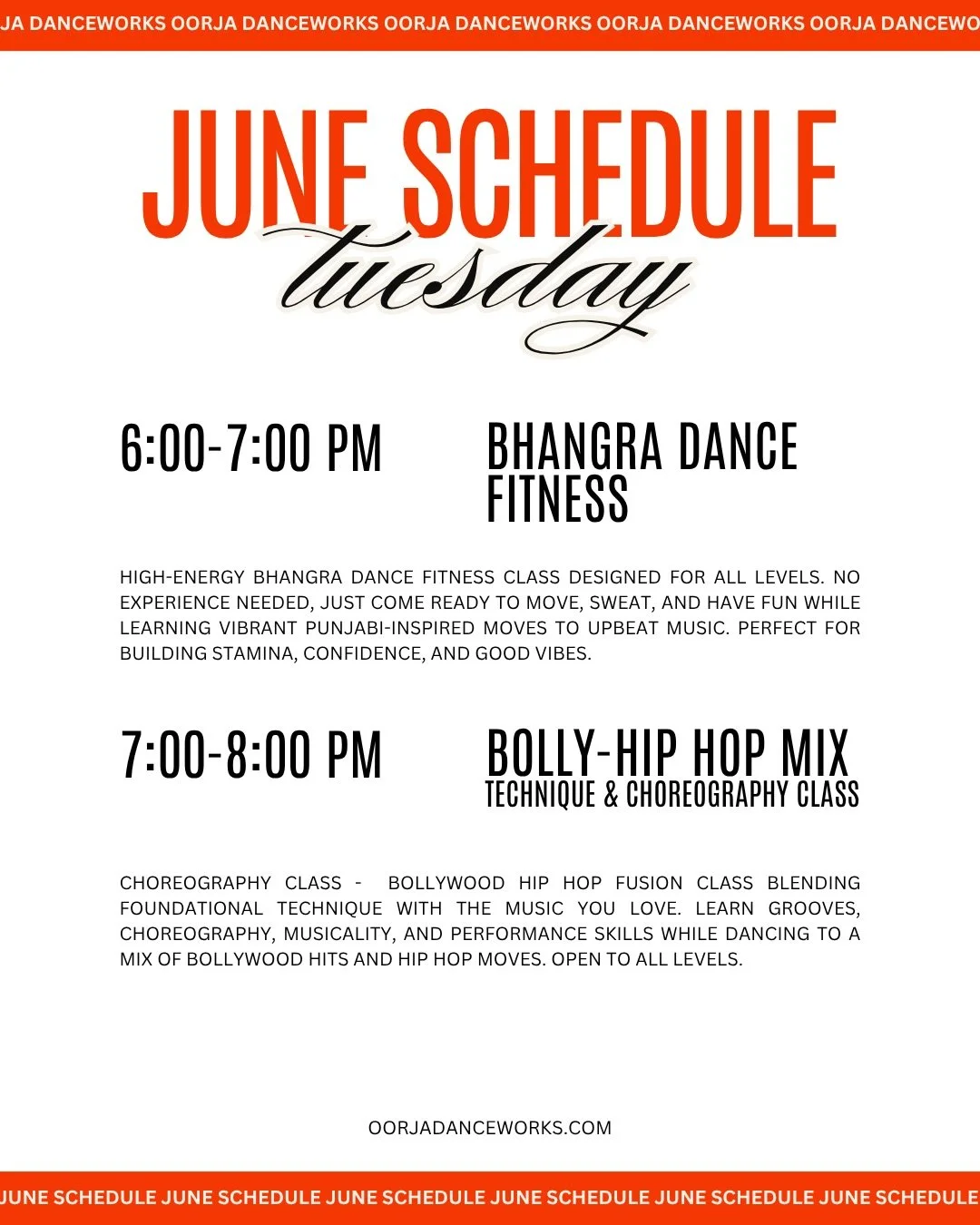 Tuesdays are giving TWO back-to-back bangers! Kick off with Bhangra Dance Fitness to sweat it out Punjabi style, then slide into Bolly-Hip Hop Mix choreo for the ultimate fusion night🥁

🕕 6:00&ndash;7:00 PM Bhangra Dance Fitness with @dancewithdebo