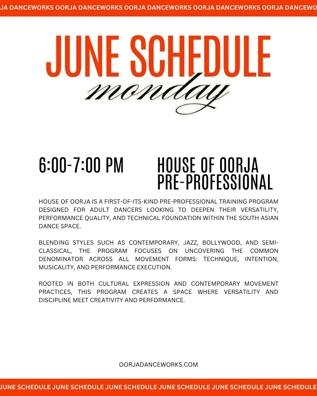 Start your week with intention! House of Oorja Pre-Professional Training is a first-of-its-kind program for adult dancers ready to elevate their craft: Contemporary, Jazz, Bollywood, Semi-Classical, all under one roof with @devanxiii 

🕕 6:00&ndash;