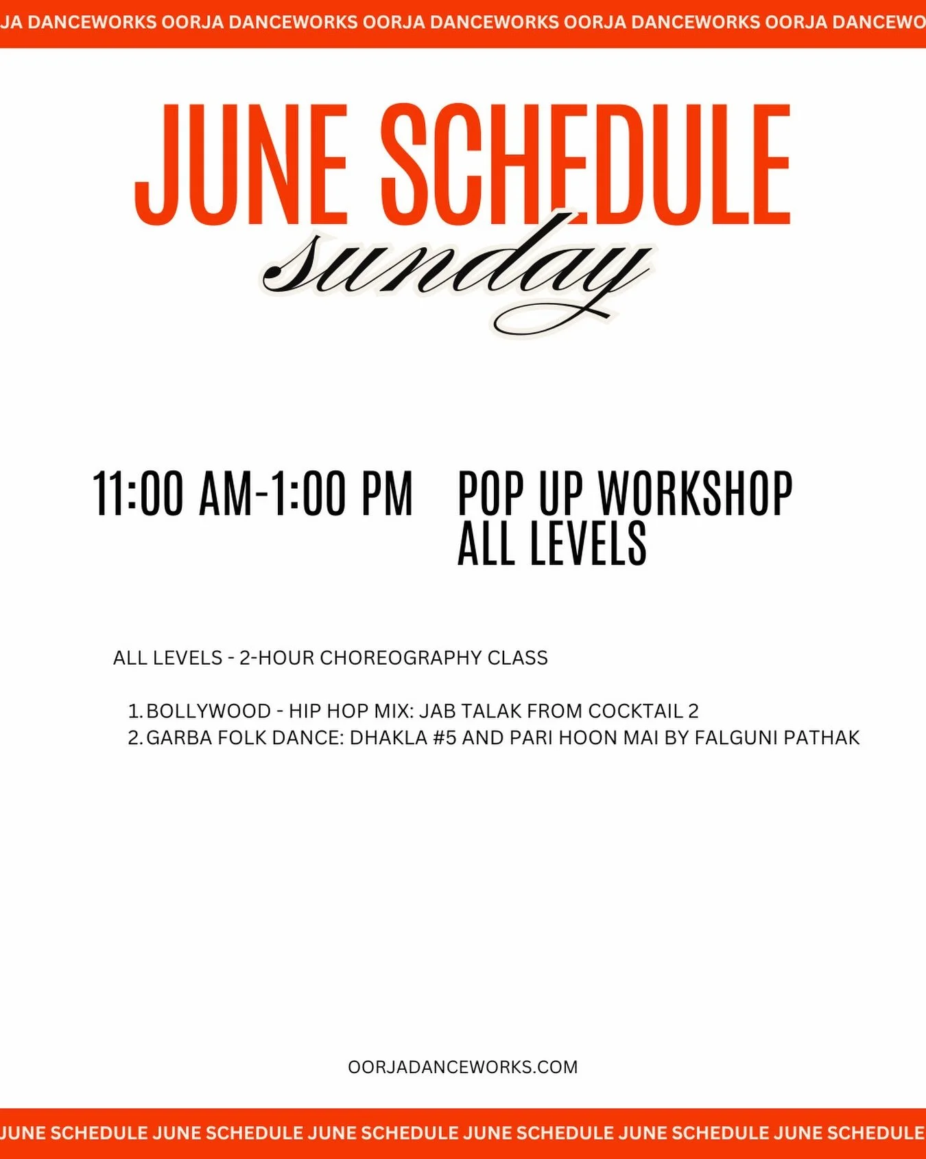 ☀️ Sunday Funday at Oorja! Wind down your weekend with a 2-hour Pop Up Workshop featuring Bolly-Hip Hop vibes with Jab Talak from Cocktail 2 with @rajvidance on JUNE 7th AND Garba Folk magic with Dhakla #5 &amp; Pari Hoon Mai by Falguni Pathak with @