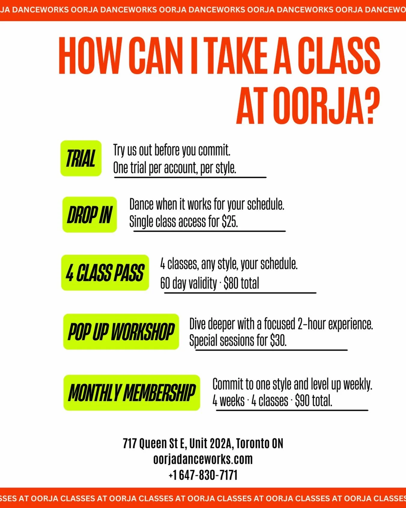 No more excuses Toronto - there&rsquo;s an option for EVERYONE at Oorja Danceworks! Try it, drop in, or commit to your growth 🙌Your dance journey starts HERE!

✨Trial: Try before you commit, one per style (not valid on workshops)
✨Drop In: Single cl