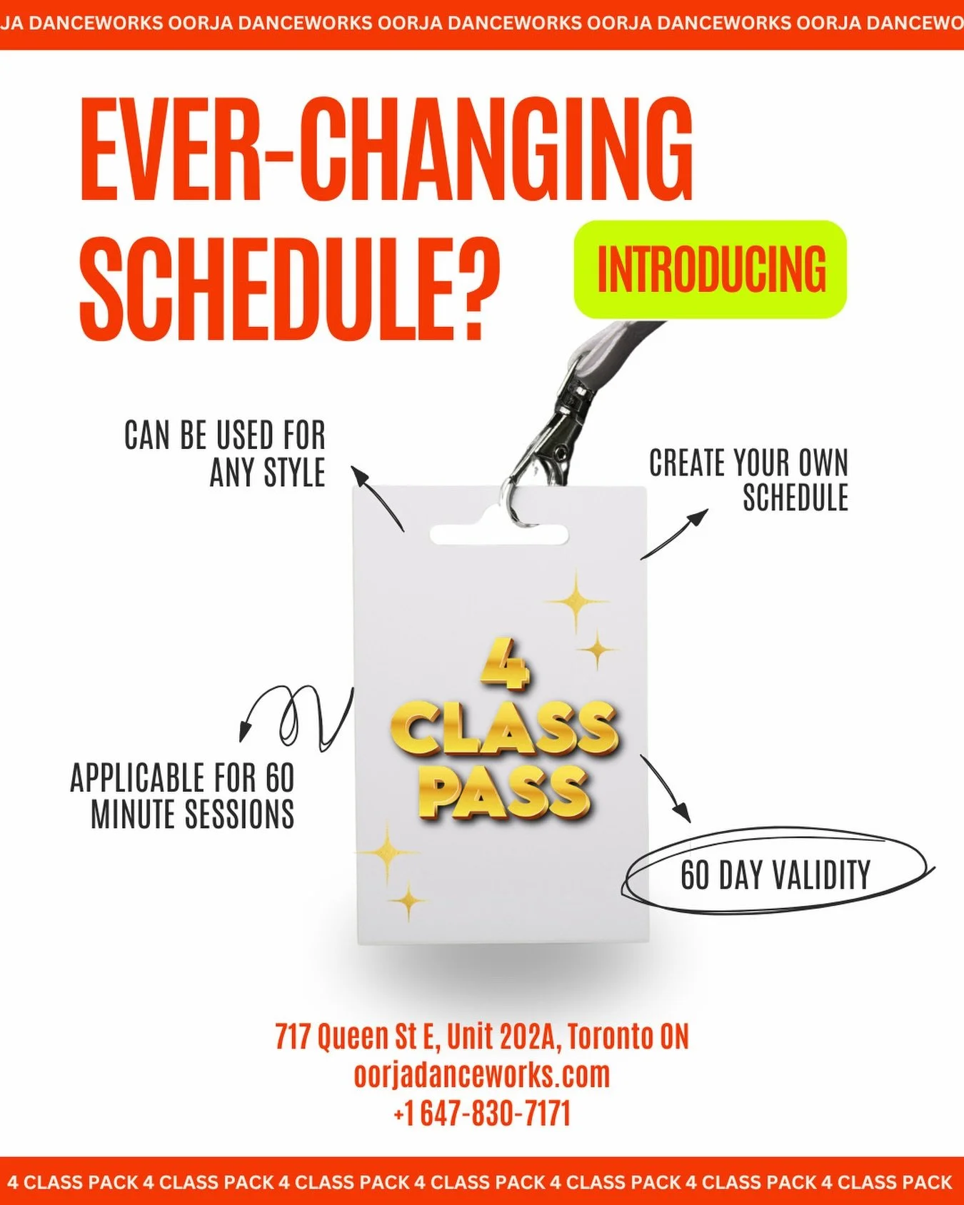 Tired of missing classes because life gets in the way? 🎉 Introducing our 4 Class Pass - use it for any style, on your schedule, with 60-day validity. No excuses, just dance. 

📍 717 Queen St E, Unit 202A, Toronto ON
🌐 oorjadanceworks.com
📞 +1 647