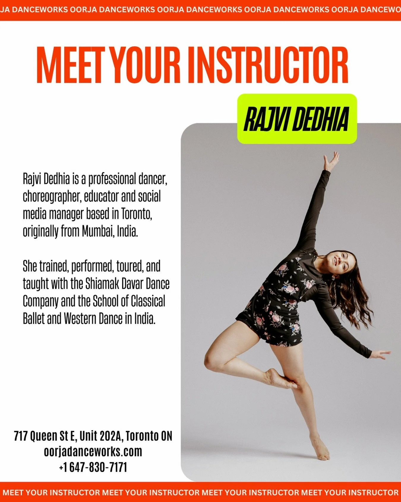 MEET RAJVI DEDHI ✨
@rajvidance is a professional dancer, choreographer, educator and social media manager based in Toronto, originally from Mumbai, India. She trained, performed, toured, and taught with the Shiamak Davar Dance Company and the School 