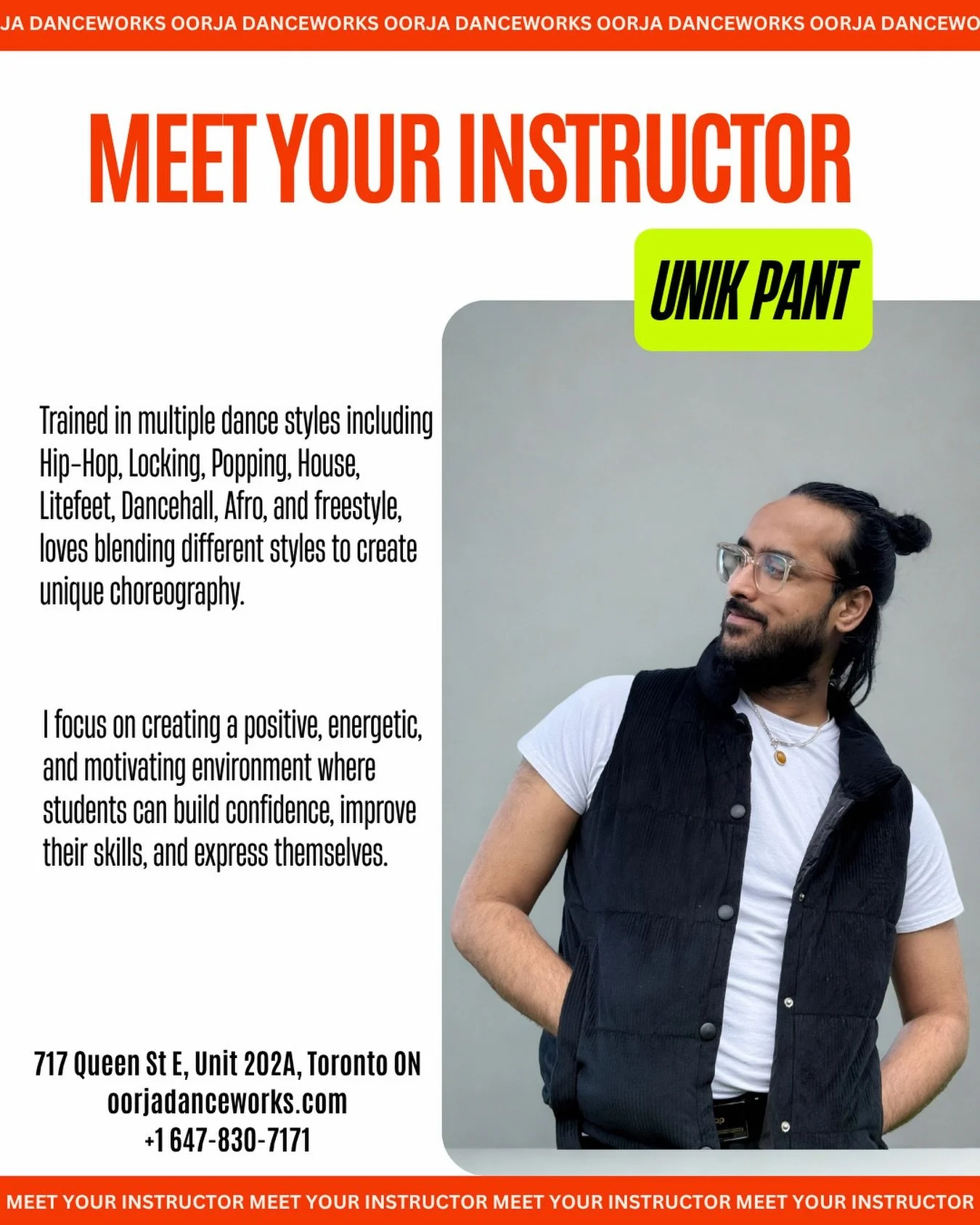 ✨ Meet Your New Instructor: UNIK PANT ✨

We&rsquo;re beyond excited to welcome @unikpant960 to the Oorja family! 🙌🏽🔥

With 14+ years of dance experience and 7+ years of teaching and choreography, Unik brings a wealth of knowledge, passion, and ene