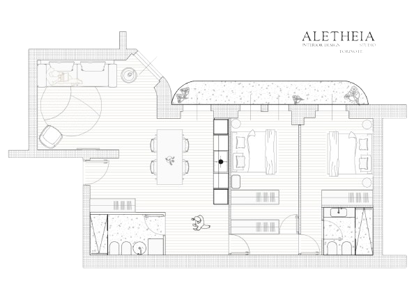 Pianta di un appartamento con camera da letto, soggiorno, bagno e zona cucina, con mobili e dettagli di interni.